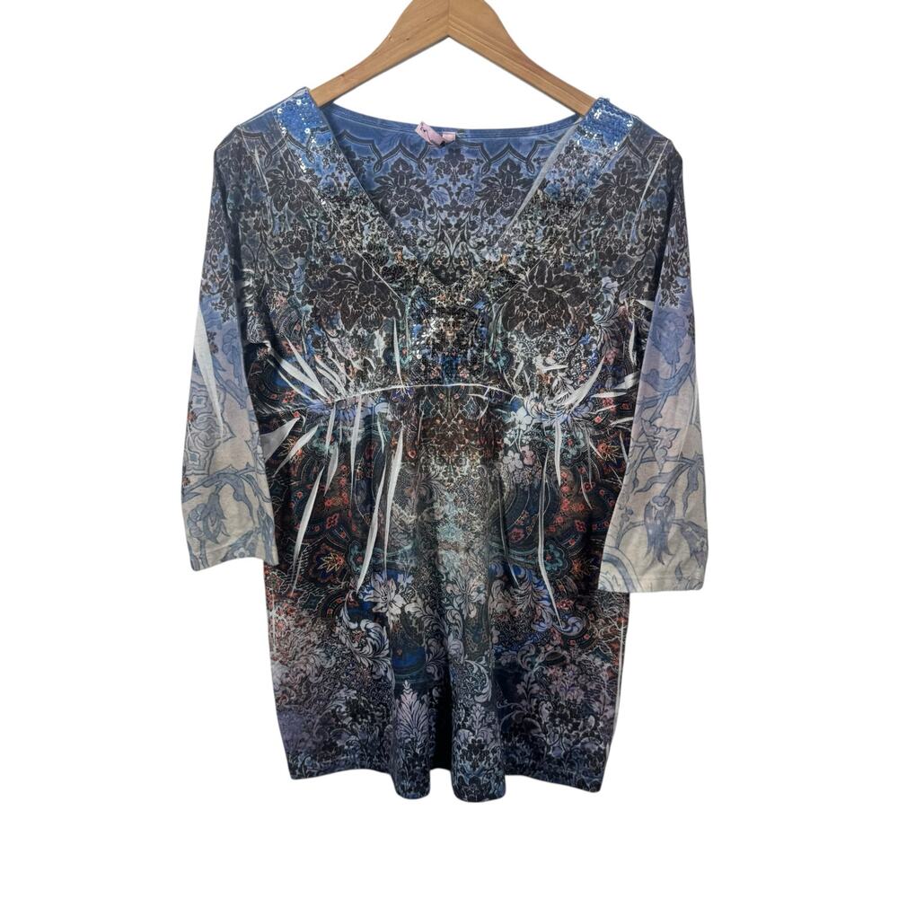 Kiara Top Women M Blue Floral Sequin Collar Y2K Casual 3/4 Sleeve Abstract